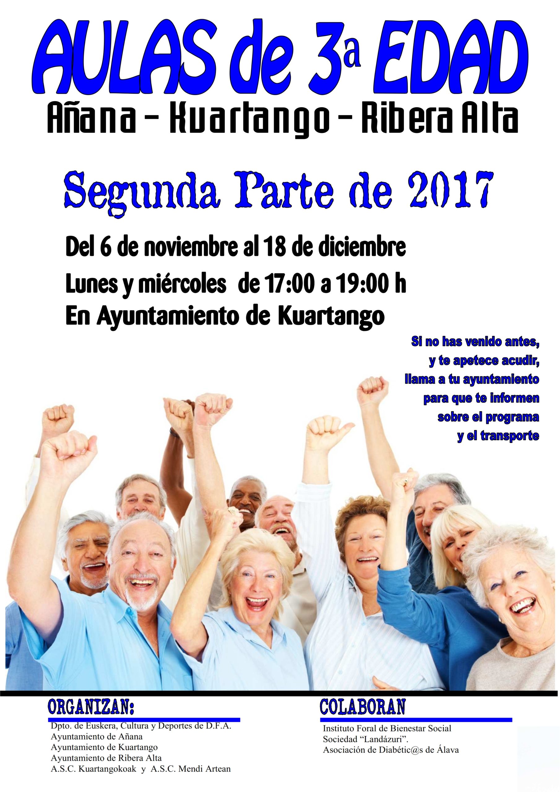 AULAS 3ª EDAD:  Añana, Kuartango, Ribera Alta, del 6 de noviembre al 18 de diciembre 2017