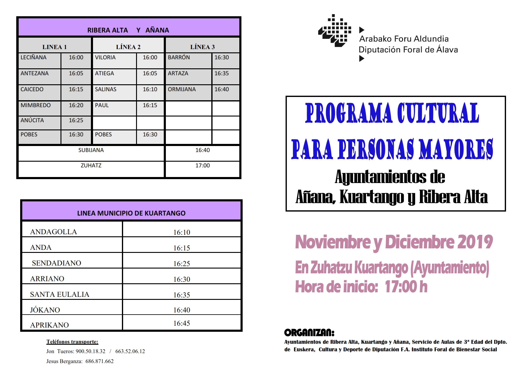 Programa de AULAS CULTURALES PARA PERSONAS MAYORES, NOVIEMBRE Y DICIEMBRE 2019, Ayuntamientos de Añana, Kuartango y Ribera Alta